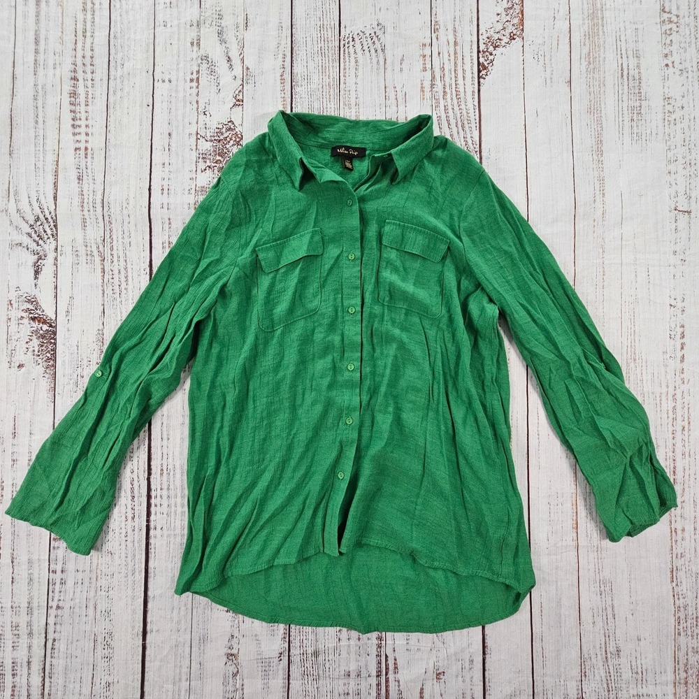 Melissa Paige Green Button Front Boyfriend Shirt Blouse Large Spring Minimalist